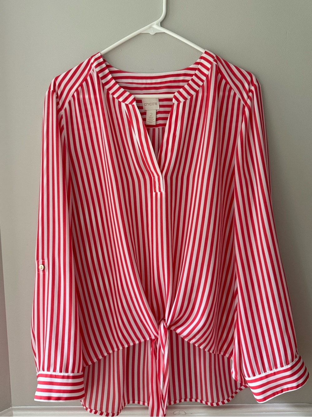 Chico's Red & White Vertical Stripe Tie-Hem Blouse